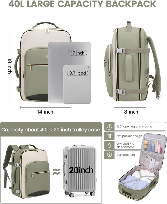 TSAパーソナルアイテム 40L 防水 大型 航空会社で持ち運ぶ 3つのパッキングキューブを持つ承認された旅行バッグ