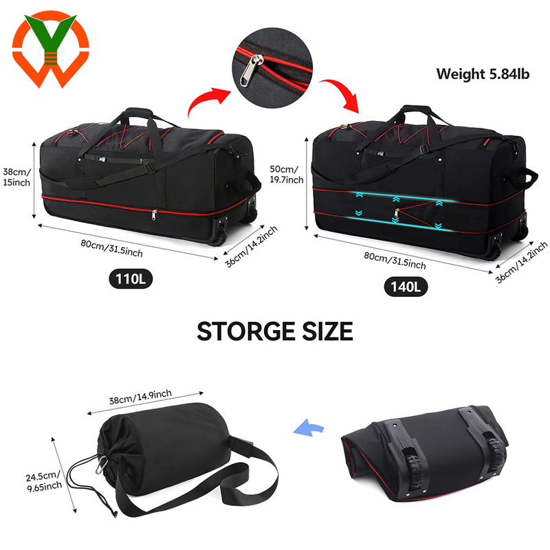 120L/140L ダブルゴムホイール 折りたたみ 旅行用ダッフルバッグ 複数のポケットとコンパートメント